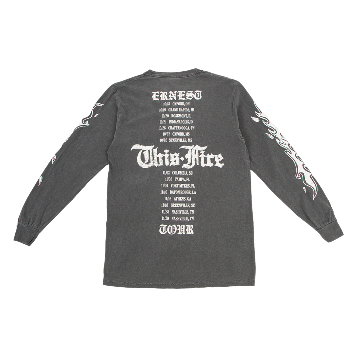 Gray long-sleeve shirt with white text and designs on a white background