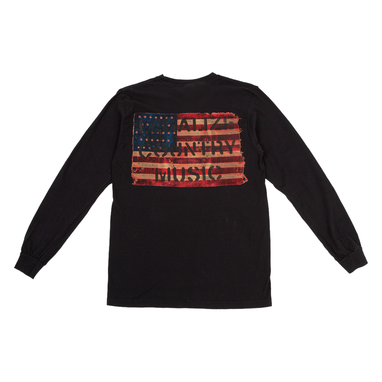 Back of a Black long-sleeve shirt with a colorful American flag graphic that reads 'legalize country music'